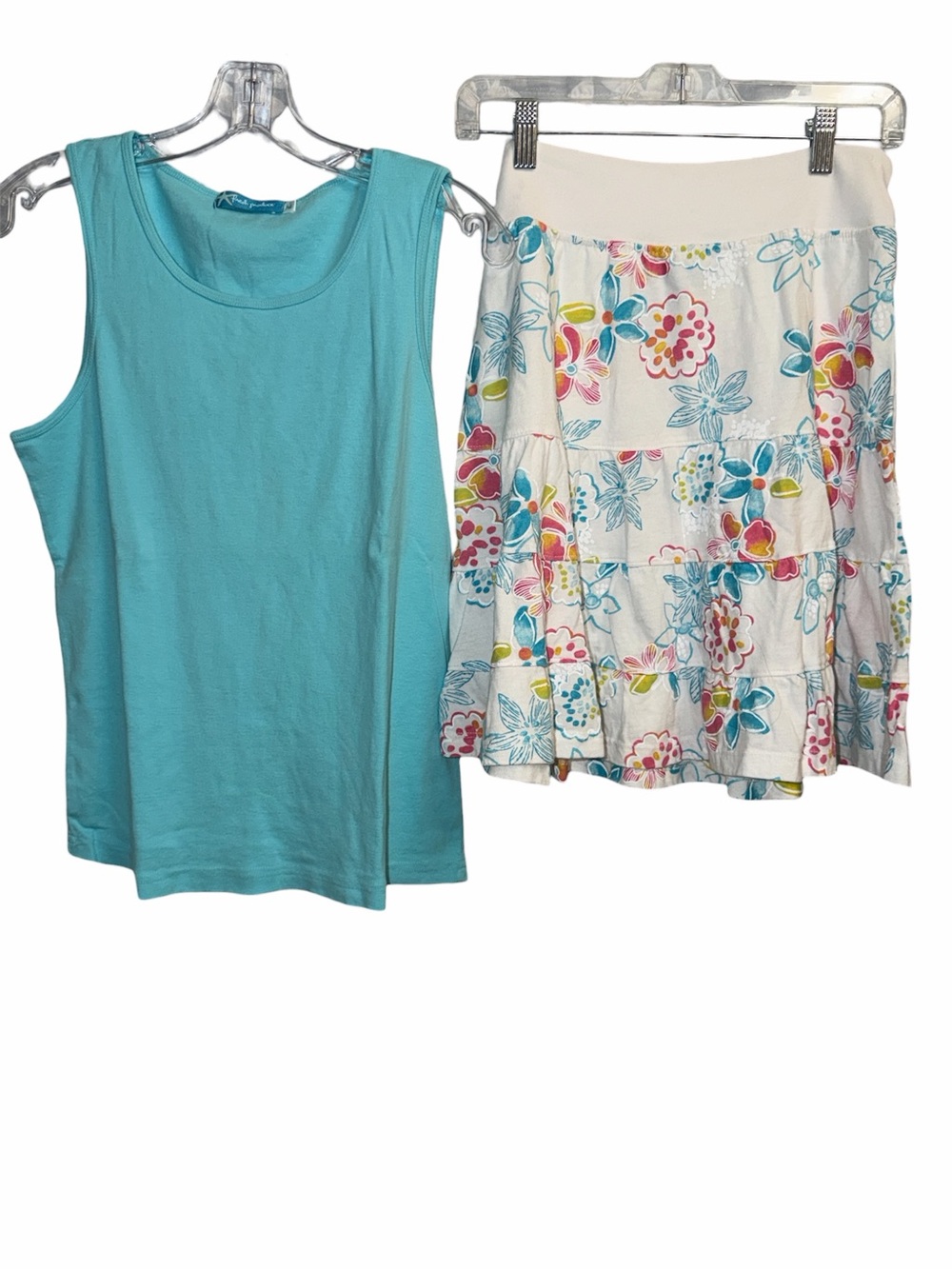 Aqua Tank Top with Floral Tiered Skirt Set